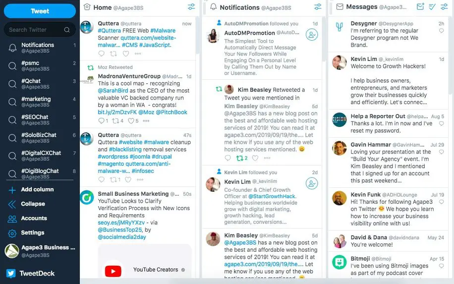 tweetdeck dashboard showing three columns 'home', 'messages' and 'notifications'