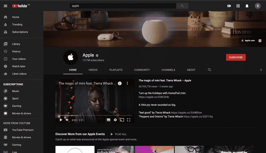 Apple's YouTube channel