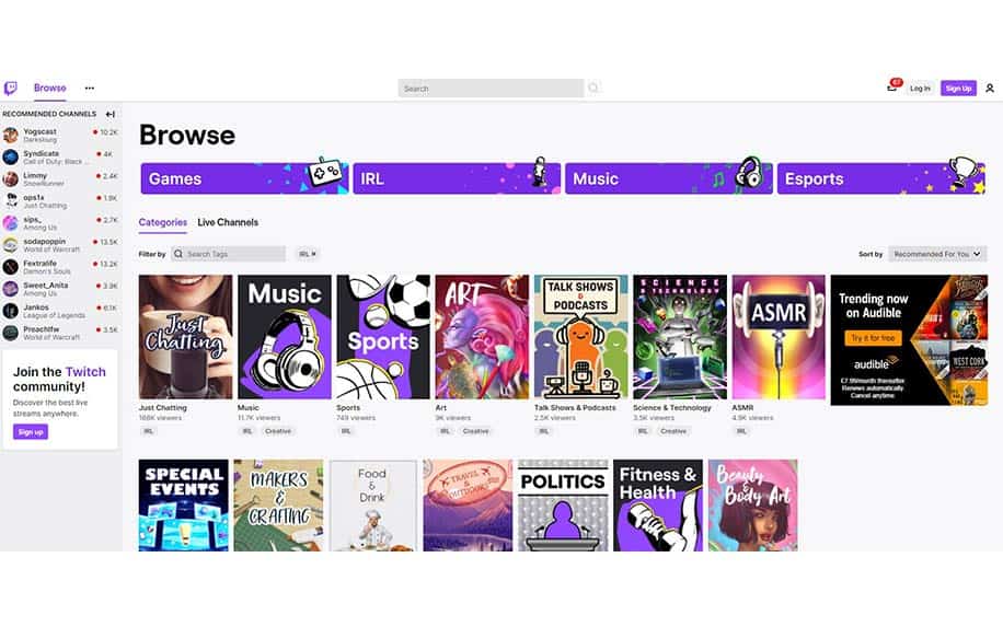 Twitch categories screenshot