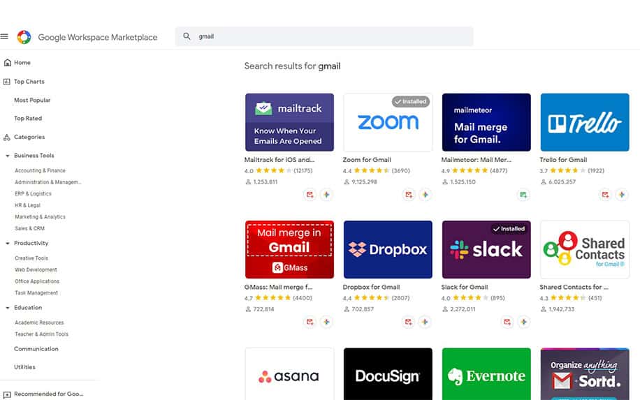 Gmail plugins marketplace screenshot