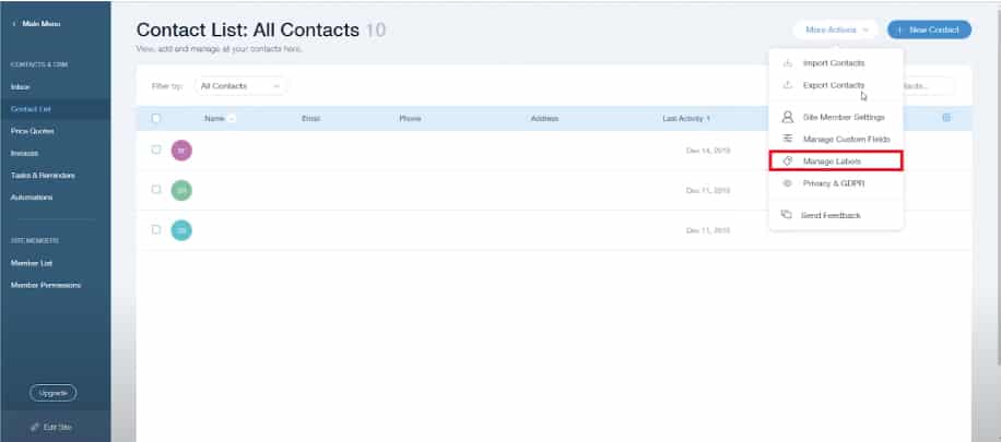 WIX and MailChimp manage label screenshot