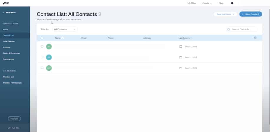 WIX contact list screenshot
