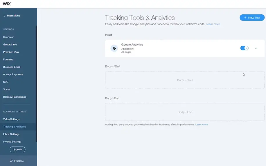 Managing tracking tools in WIX screenshot