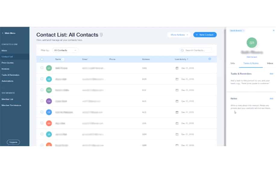 Edit contact list in WIX screenshot