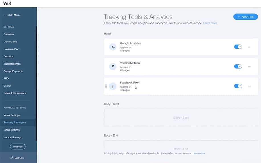 Manage Tracking Tools in WIX Screenshot