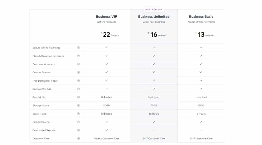 wix pricing storage and bandwidth