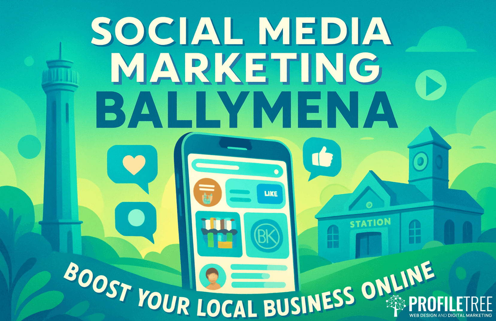 Illustration of a phone with social media apps beside iconic Ballymena landmarks. Text reads Social Media Marketing Ballymena—boost your local business online with expert social media marketing in Ballymena. ProfileTree logo in corner.