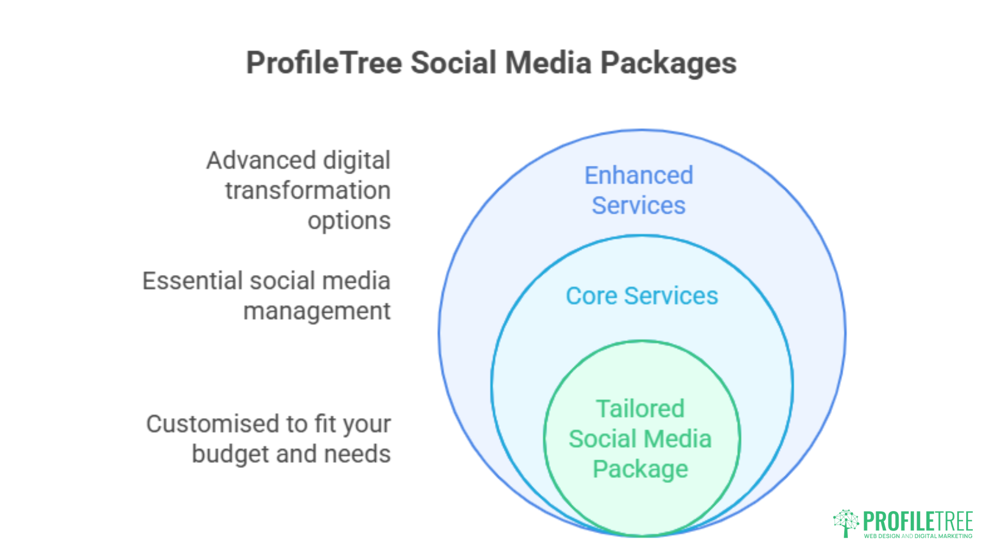Venn diagram with three overlapping circles: Tailored Social Media Package, Core Services, and Enhanced Services. Left text highlights advanced digital transformation options, essential social media management, and Social Media Marketing in Northern Ireland. ProfileTree logo bottom right.