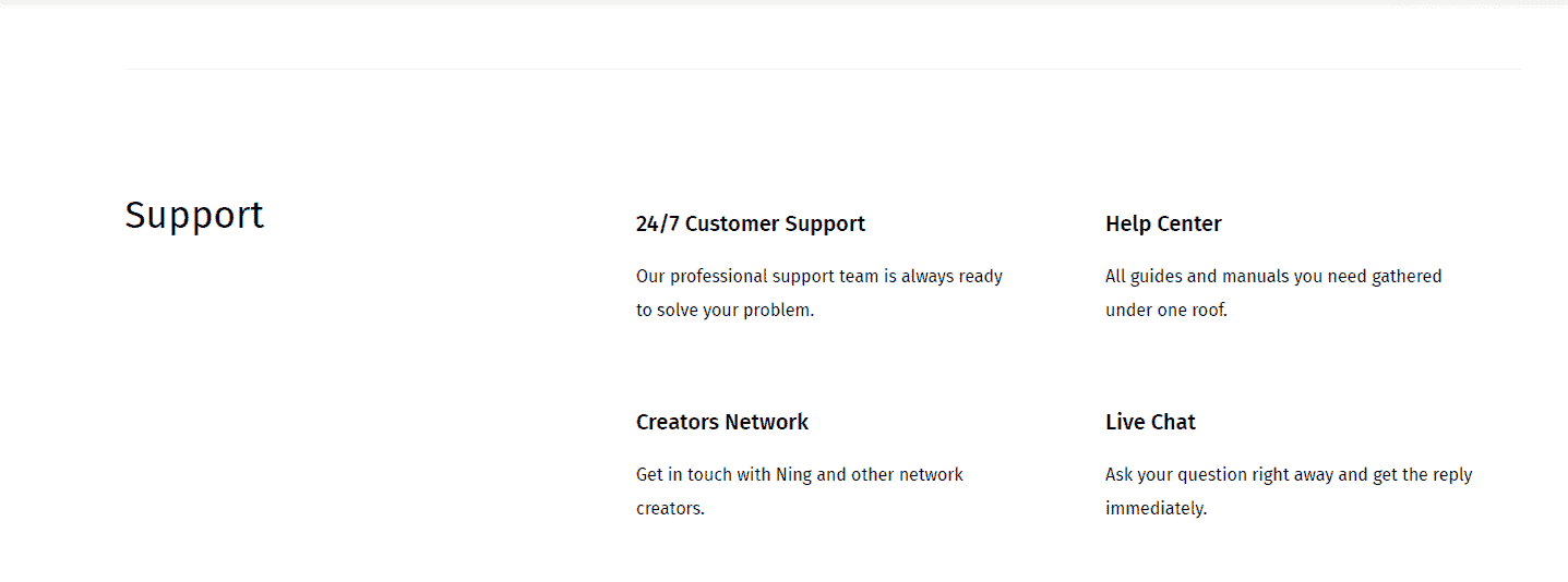 The support features available from Ning