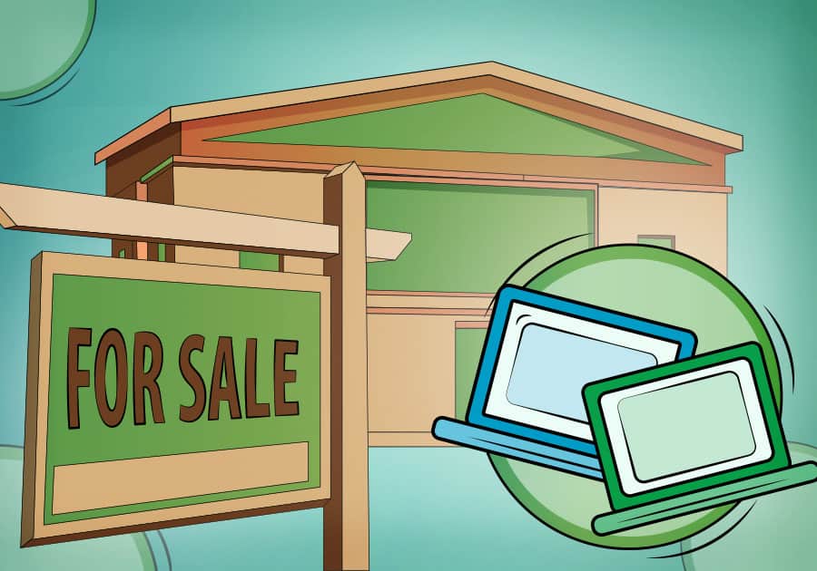 Illustration of 'For Sale' sign in front of property with laptops in foreground