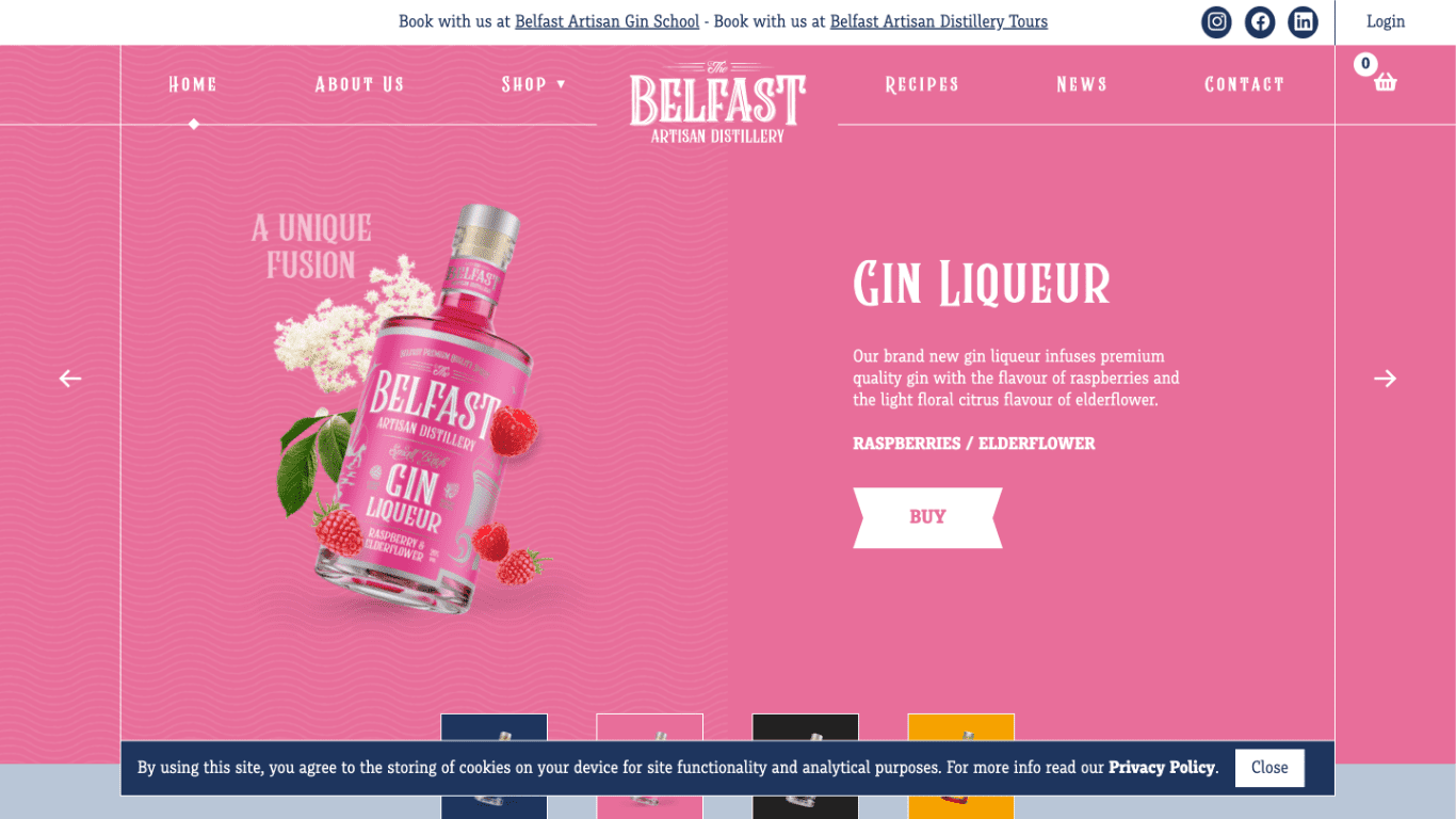 Screenshot of a bespoke website and graphic design for independent gin distillery