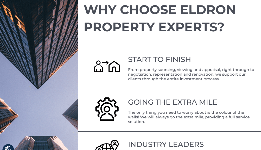 Promotional graphic for Eldron Property Experts with skyscrapers in the background and three sections—Start to Finish, Going the Extra Mile, Industry Leaders—showcasing icons, brief descriptions, and content marketing for a property consultant.