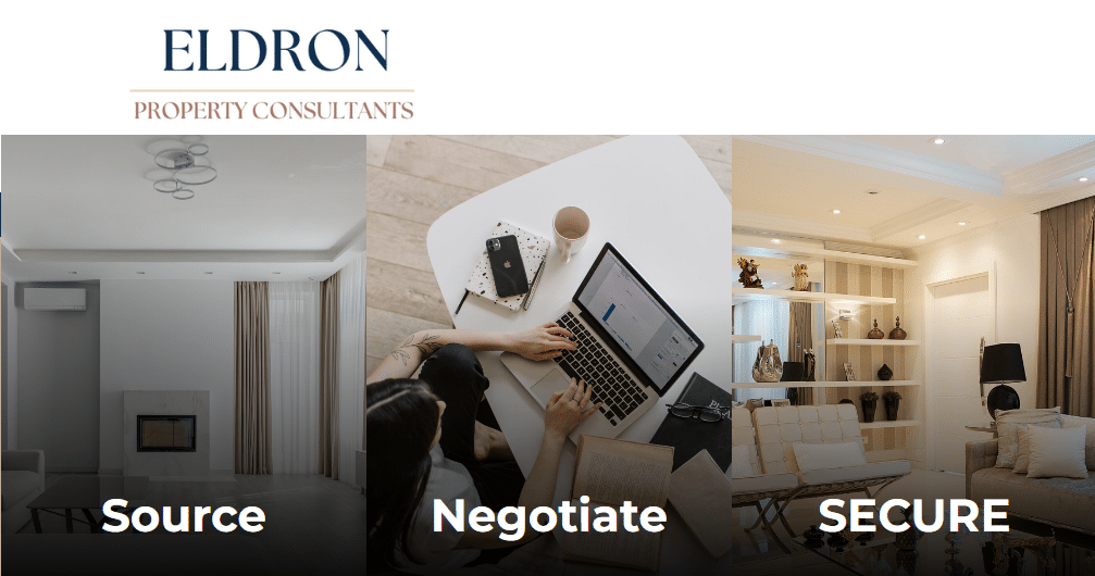 Three panels show a living room, a person using a laptop and mobile at a desk—highlighting Content Marketing for a Property Consultant—and another living room. Text reads: ELDRON Property Consultants. Source. Negotiate. Secure.