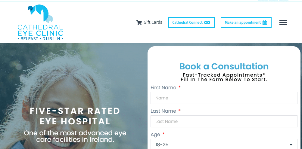 Screenshot of Cathedral Eye Clinic website showing a banner about its five-star rating and advanced eye care in Ireland, alongside a consultation booking form. Ideal laser eye clinic content marketing highlighting trust and easy appointment booking.