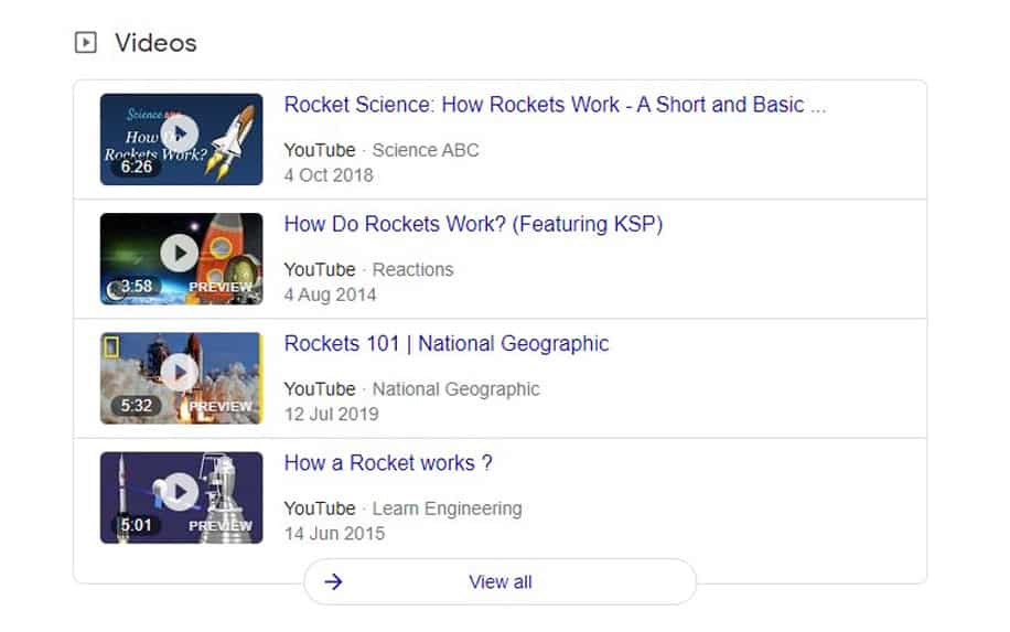 Examples of recommended videos in google search