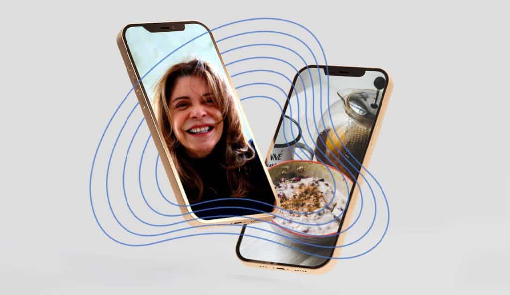 Grey background with two phones hovering - one showing a woman smiling, another showing a shot of a breakfast bowl and coffee pot