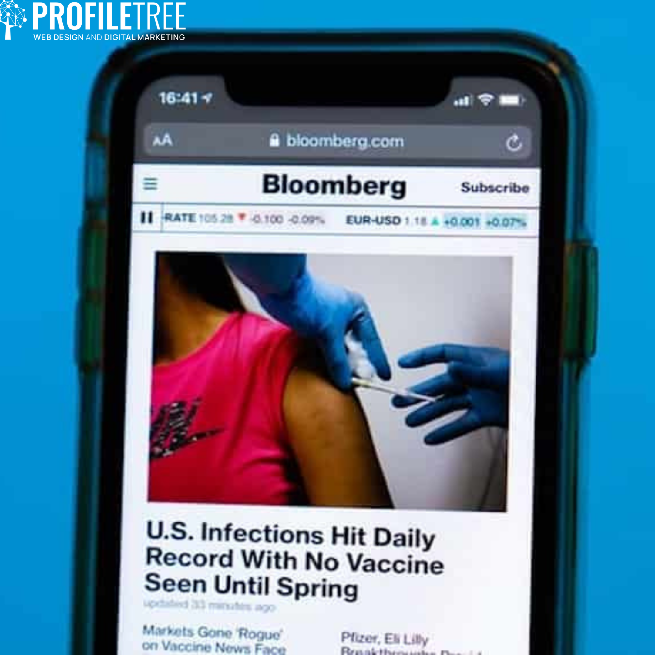 Image of iPhone with Bloomberg news article on it discussing the high levels of COVID-19 infections in the USA