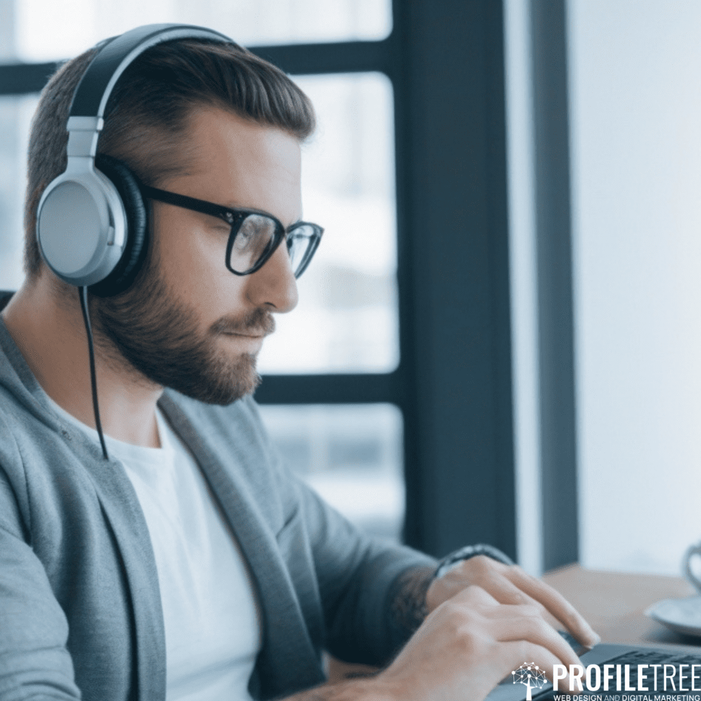 Image of man on laptop with headphones creating digital value proposition