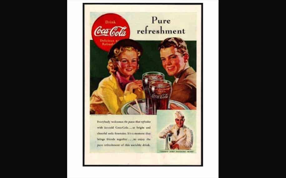 a coca cola advert from the 1950s featuring a man and woman being served coke on a tray.