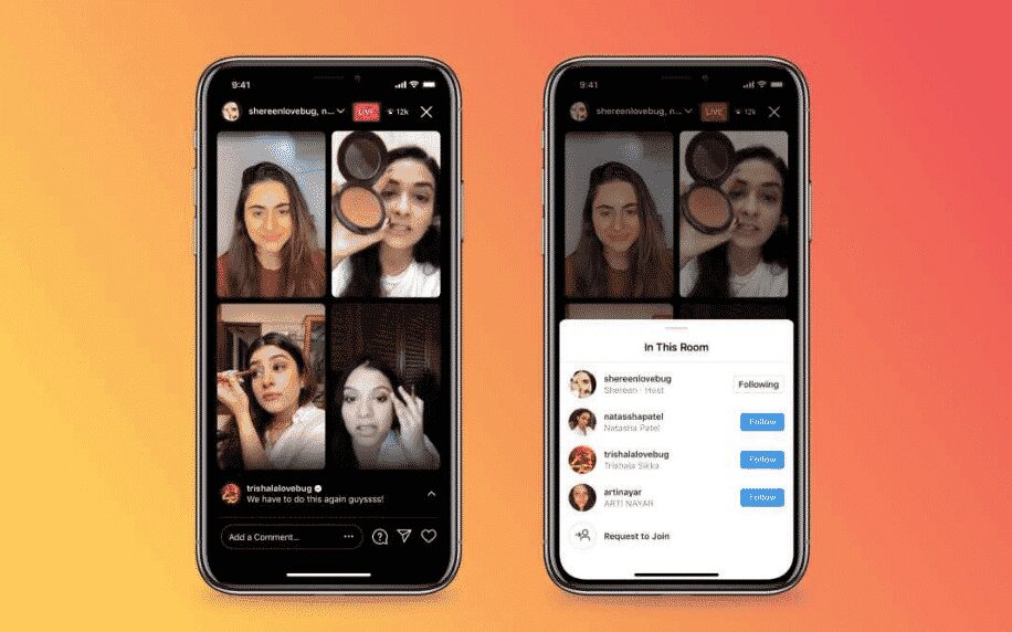 Two phones showing makeup tutorial on Instagram Live Rooms orange background