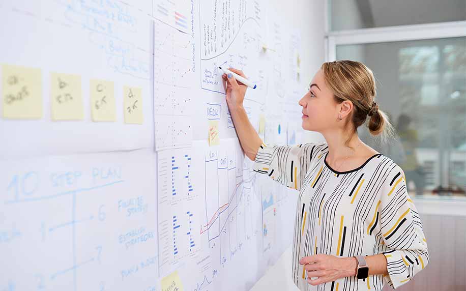 marketing department manager drawing on a chart planning strategy