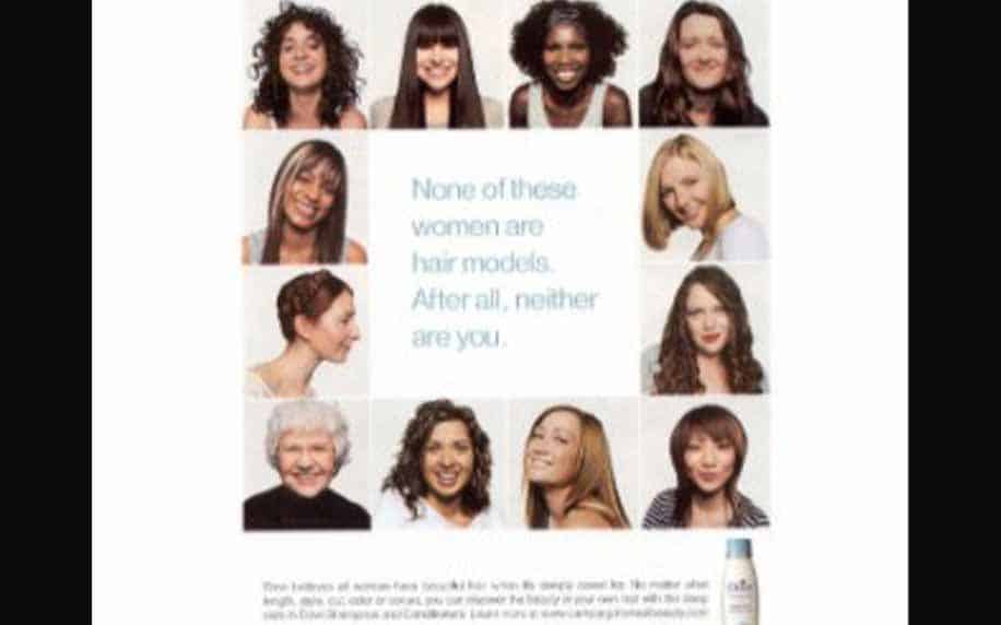 advert for dove shampoo with ladies' heads all around a quote in a square