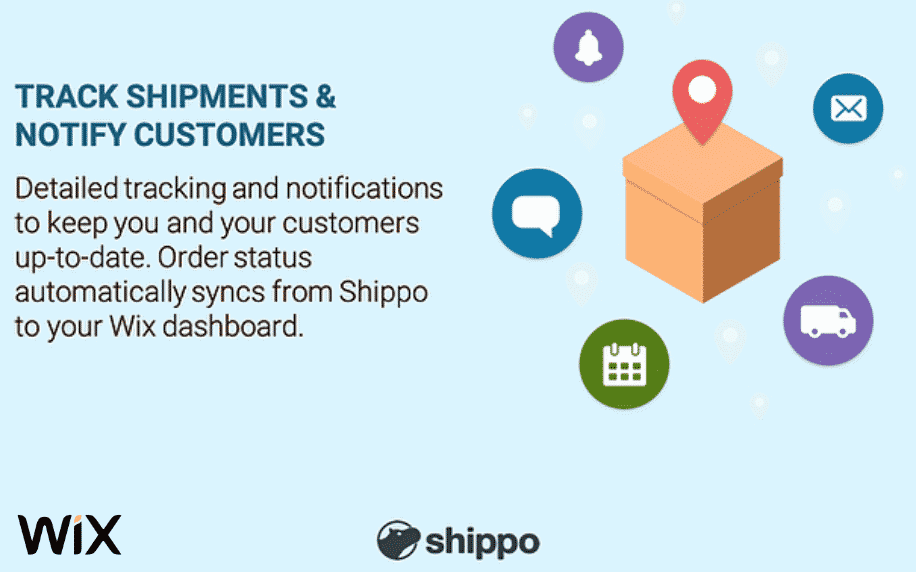light blue background with box and delivery icons, blue text about shippo features