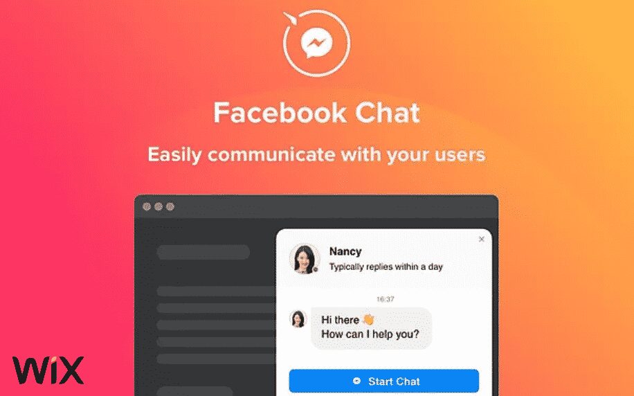 red to orange gradient background, white text saying 'Facebook Chat' and an example chat box window