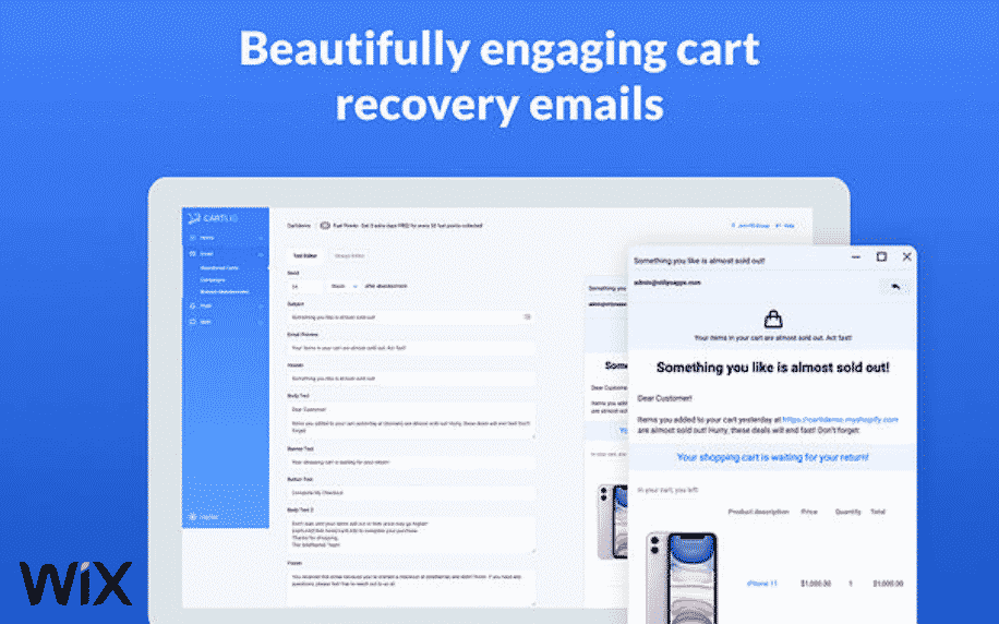 blue background with example of Carti Abandoned Cart Recovery app