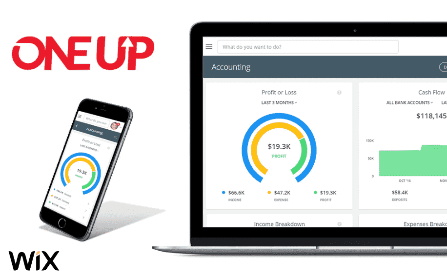white background with screenshot of oneup app on online site