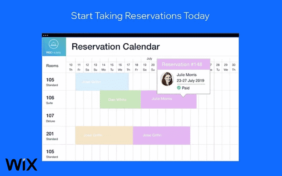 blue background with screenshot of reservation calendar for wix hotels