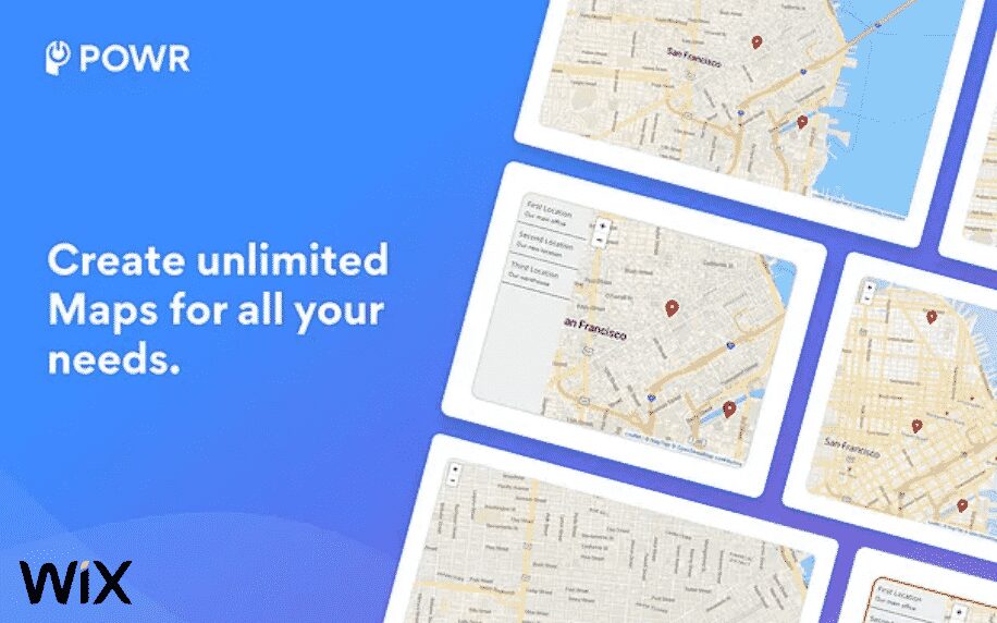 blue background with white text for map and store locator app with maps in boxes