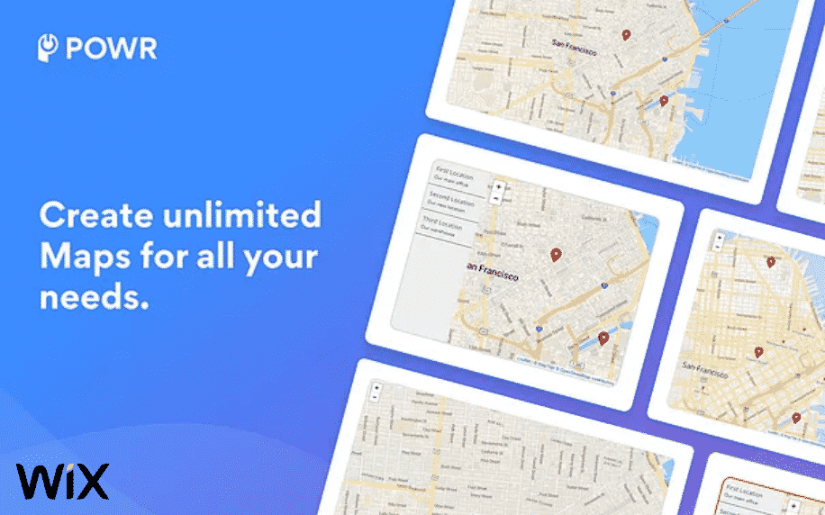 blue background with white text for map and store locator app with maps in boxes