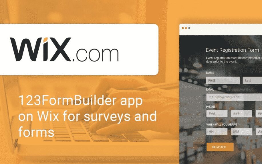 orange background with wix logo, white text and half a webpage with an online form