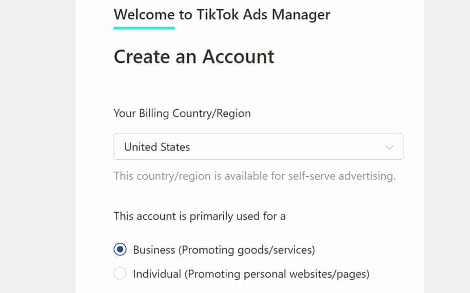 homepage for creating a tiktok ad account