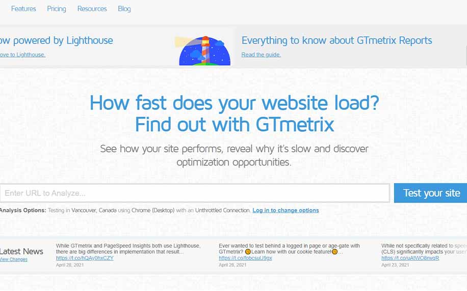 screenshot of the gtmetrix site