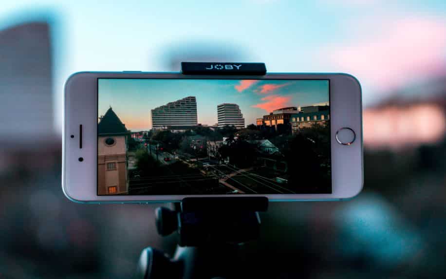 An iPhone on a tripod recording a sunset over Texas, USA.