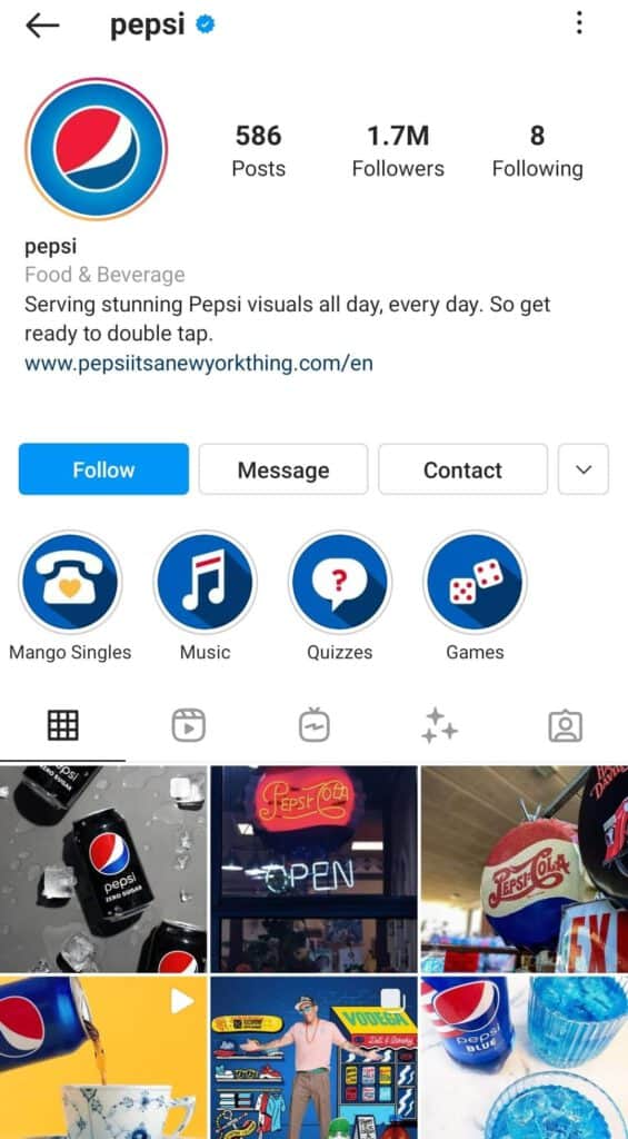 A screenshot of Pepsi's Instagram profile