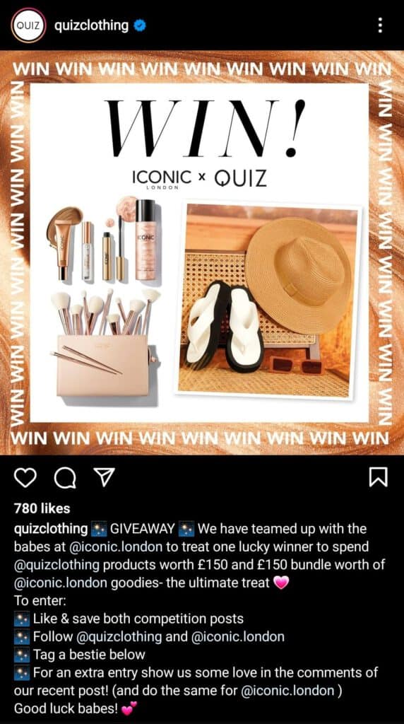 A screenshot from @quizclothing on Instagram promoting their latest giveaway