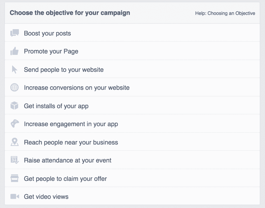 An image showing all of the campaign objectives you have access to if you don't use Facebook boosted posts