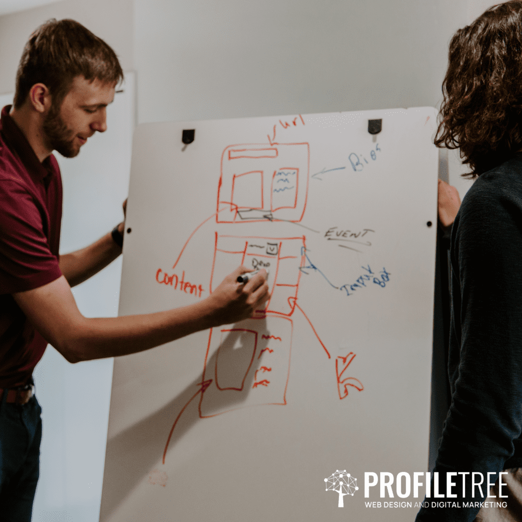 Two people drawing up diagrams on a whiteboard