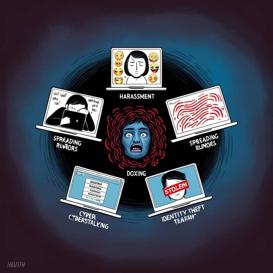 5 Different Manifestations of Cyberbullying: 1. Harassment  2. Spreading Rumours 3. Doxing 4. Cyberstalking 5. Identity Theft