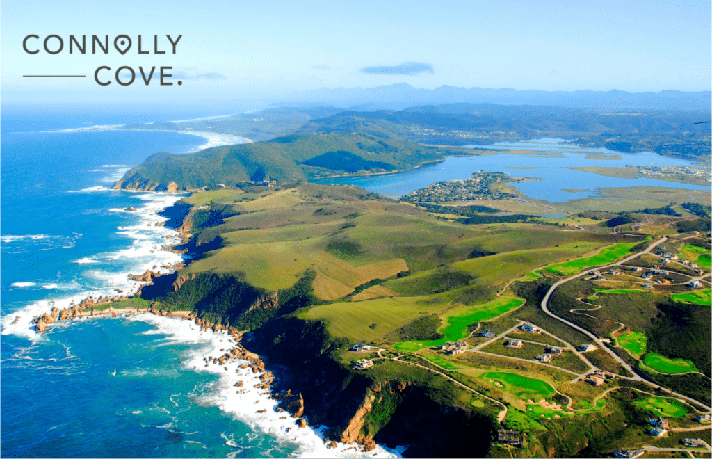 Landscape photograph of greenery and ocean over Ireland with Connolly Cove logo watermark