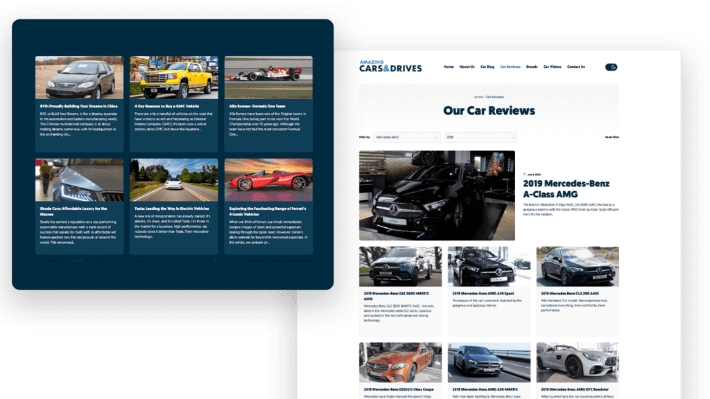 Screenshot of blog and reviews section of Amazing Cars and Drives website