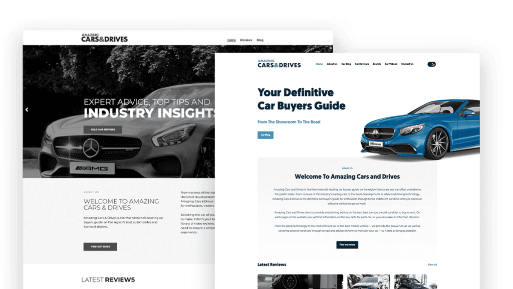 Screenshot of original Amazing Cars and Drives website and screenshot of newest version of website.=