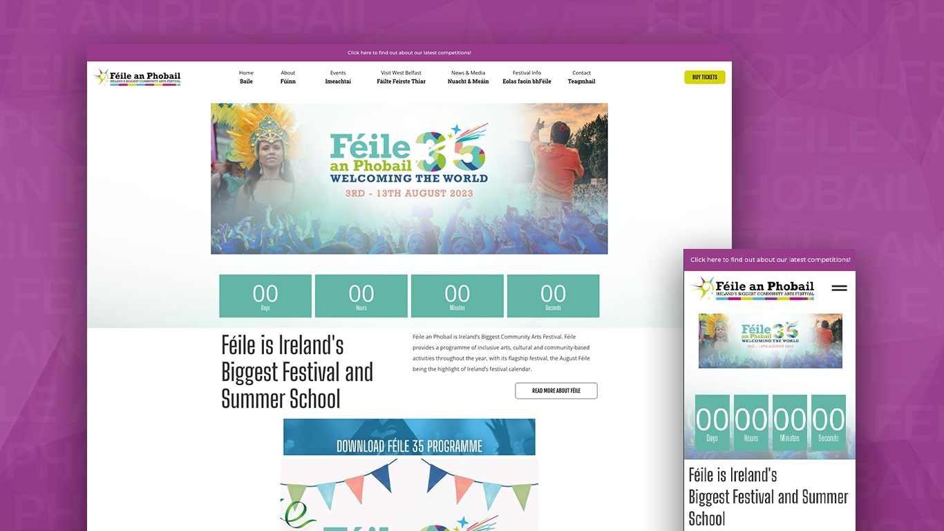 Homepage of Féile an Phobail on Desktop and Mobile