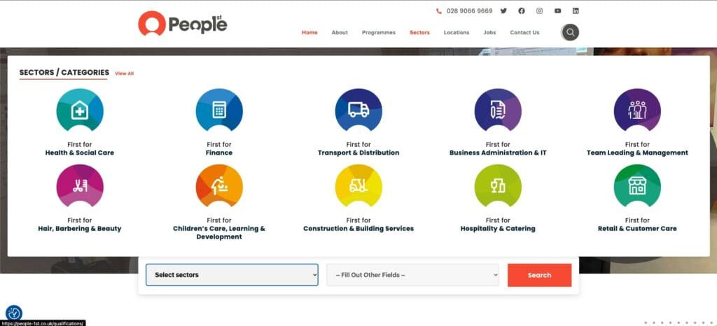 Screenshot showing categories for People1st website