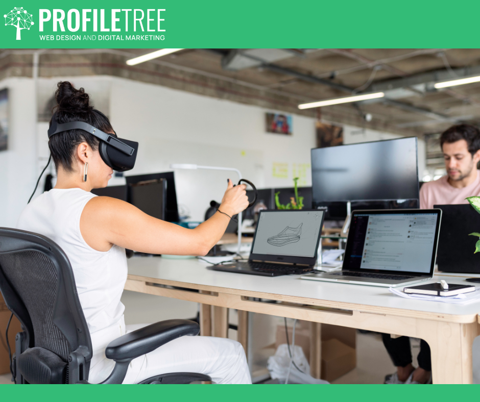 How many people use social media - A picture of a female employee using a virtual reality glasses at her desk to do something on her screen.