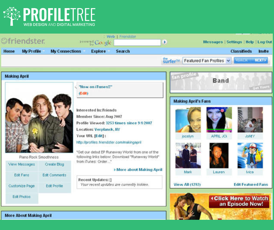 When was social media invented - Friendster user profile screenshot