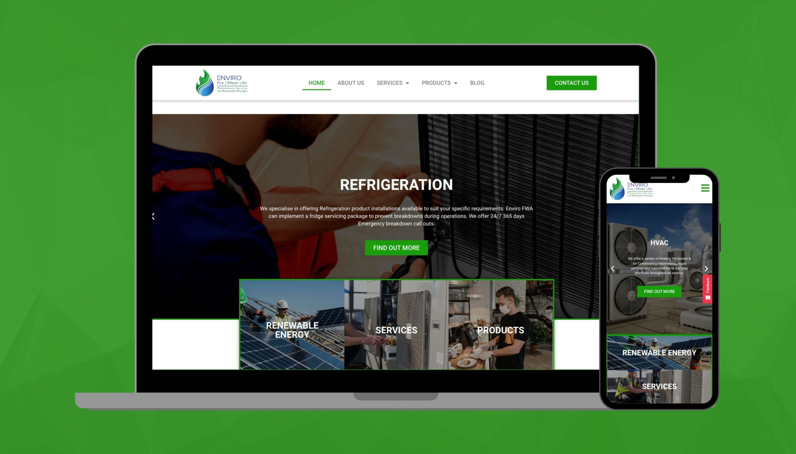 Screenshot of Desktop and Mobile of Enviro FWA site with optimisation icon overlay